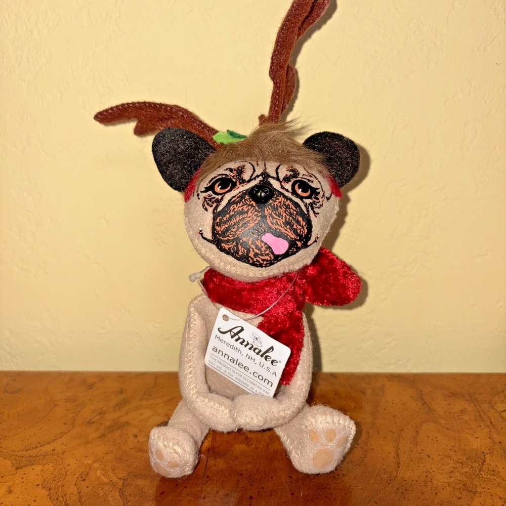 Annalee 2012 Cozy Christmas Pug Dog w/ Antlers #750612 NWT Holiday Collectible